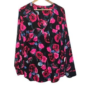 Torrid Women Top Harper Long Sleeve Black Pink Floral Whimsigoth Feminine Size 3